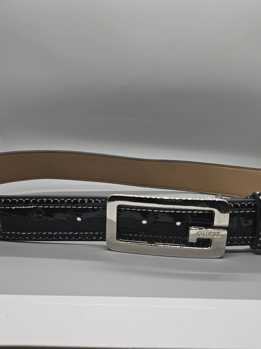 GUESS Womens Belt Size Small Black Patent Faux Croc Y2K Silver G Buckle 918076